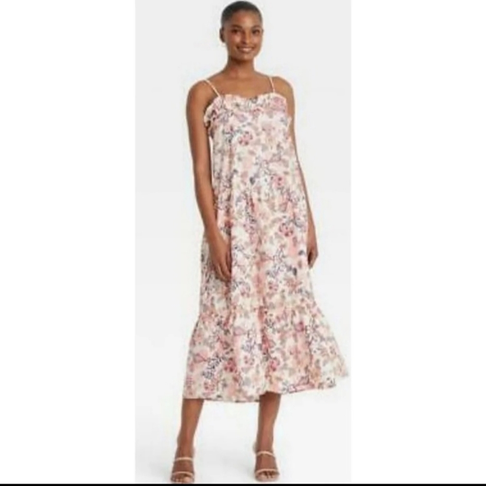 Who What Wear Tea party blooms Pink White Sleeveless Ruffle dress Large
